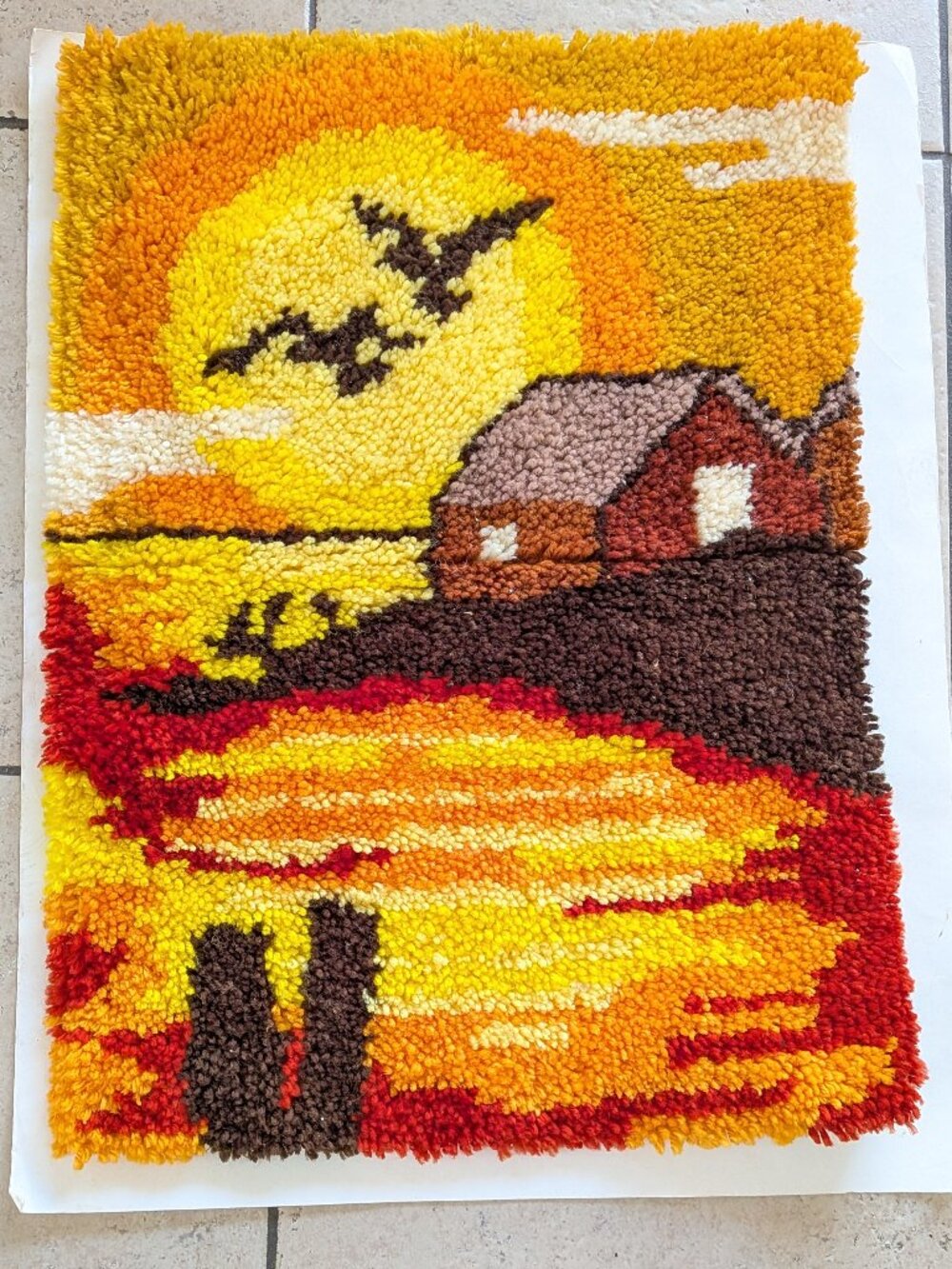 Vintage Latch Hook Rug Sunset Cabin Birds Water Wall Hanging Finished Art